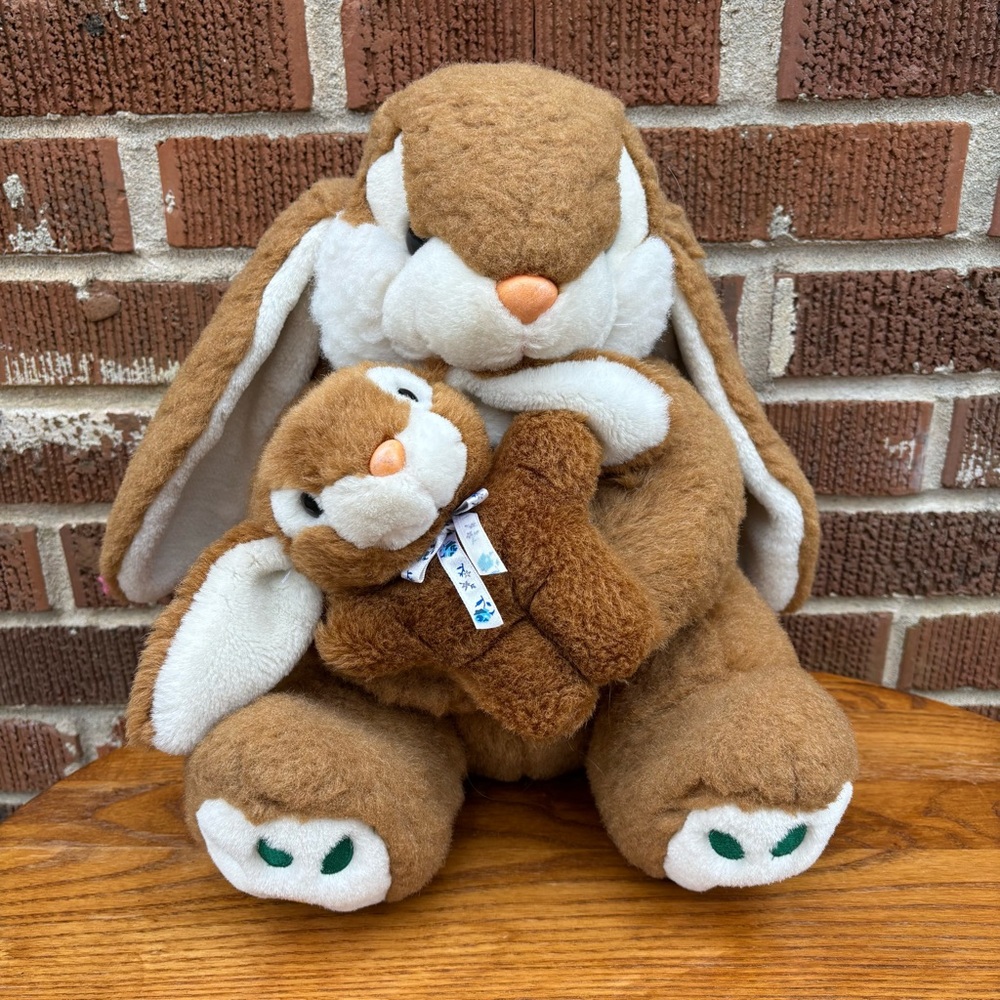 Bunny Rabbit with Baby Carrot Plush Easter Stuffed Animal Soft Tan Collectible